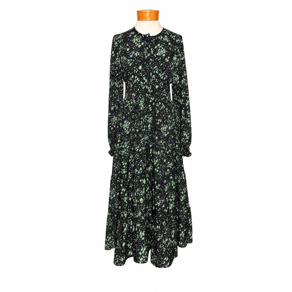 Aly Daly Floral Tiered Maxi Dress Black Green Smocked Tiered Long Sleeve M Boho